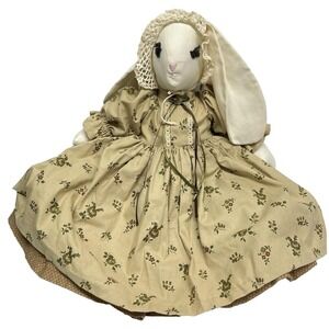 Handmade Rag Doll Floppy Eared Bunny Brown Print Dress 15" Muslin Vintage Signed
